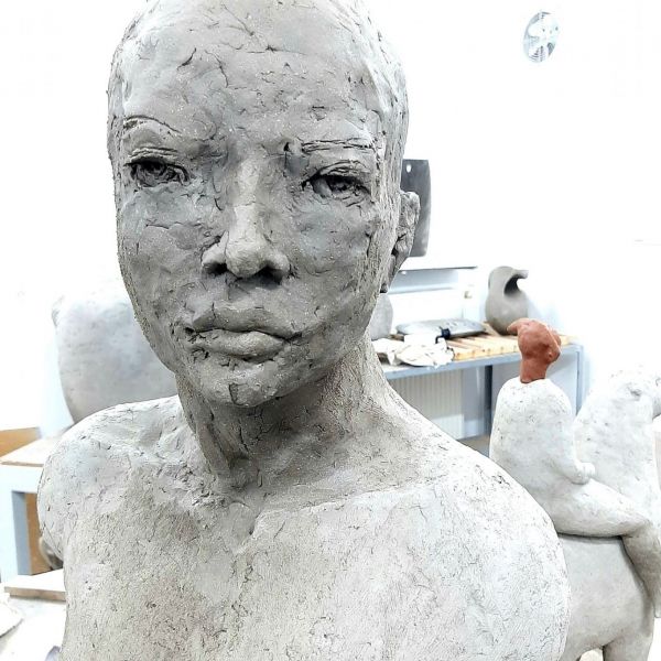 Head of a Woman, detail, human-sized ceramic figure